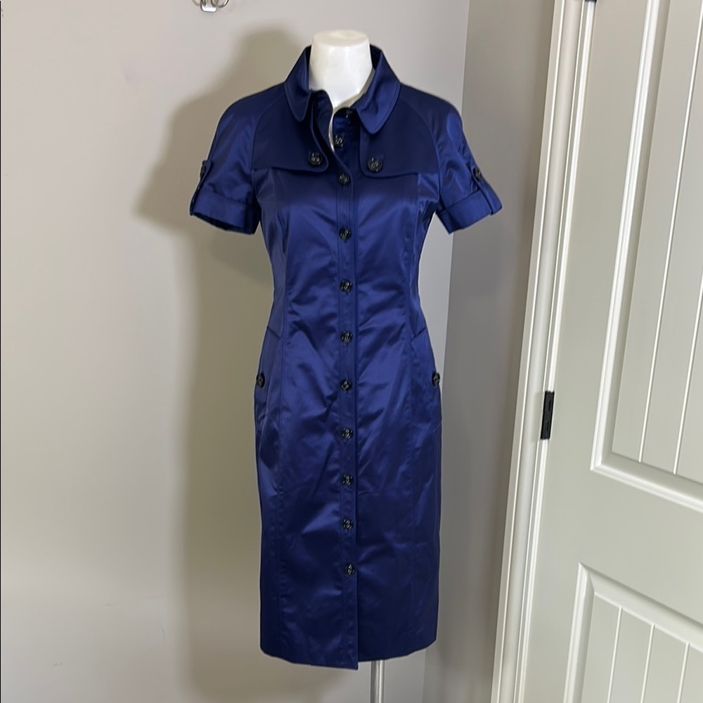 Burberry London Satin Dress Blue Button Up  Knee Length Short Sleeve 10 NEW